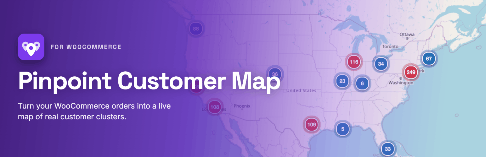 Pinpoint Customer Map for WooCommerce showing clustered customer pins across the United States